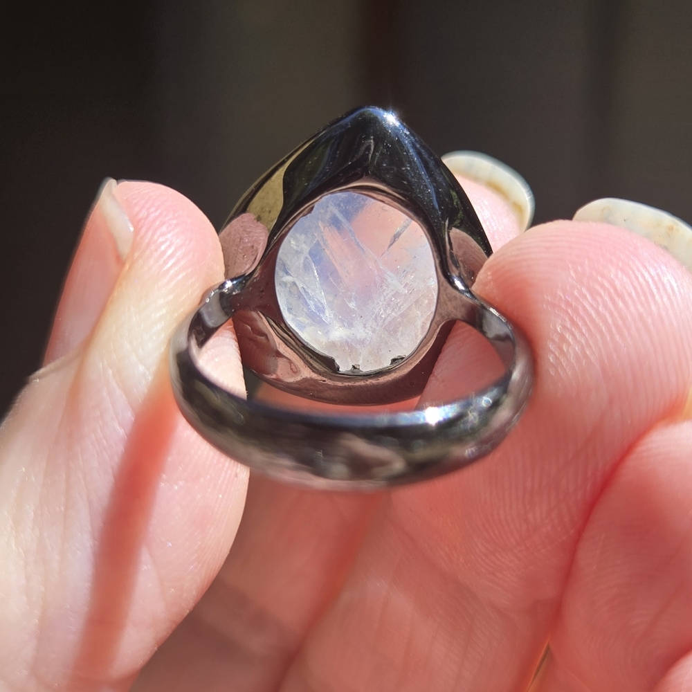 Moonstone Natural HUGE 24k Sterling & Rhodium Ring Sz8 - Picture 7 of 8